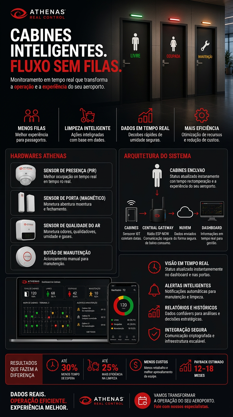 Athenas Real Control — Cabines Inteligentes, fluxo sem filas. Monitoramento em tempo real de cabines de aeroporto com sensores IoT, dashboard e métricas.