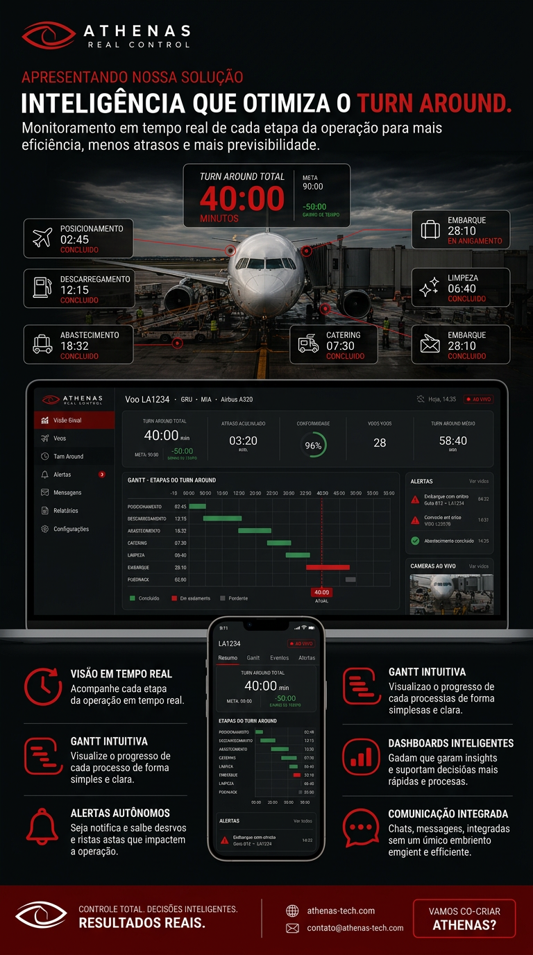 Athenas Real Control — Inteligência que otimiza o Turn Around. Monitoramento em tempo real de cada etapa da operação aeroportuária.